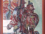 painting of a red vase with flowers and candles on a table