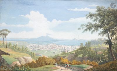 une peinture représentant une vue d'une ville depuis une colline