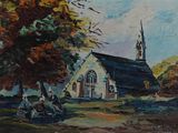une peinture à l'huile représentant une église avec un clocher et des personnes assises sous un arbre