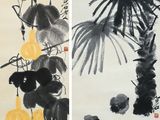 deux tableaux représentant des oiseaux et des fleurs sur fond blanc, ainsi qu'un tableau noir et jaune sur fond blanc