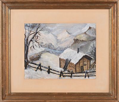 un tableau représentant une cabane dans la neige, avec une clôture