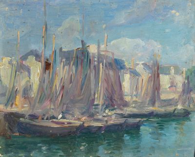 painting of boats in a harbor with buildings in the background