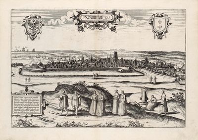 un vieux dessin représentant une vue d'une ville avec une rivière et un pont
