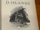 a book on a table with a drawing of a man in a hut