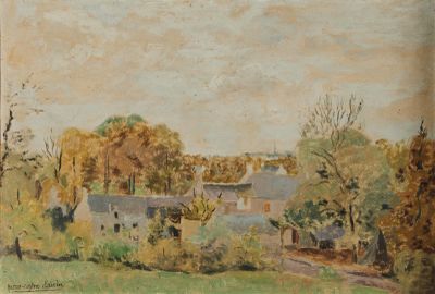 an oil painting of a farm with a house in the distance