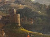 une peinture à l'huile représentant des personnages et des animaux dans un paysage, avec un château en arrière-plan