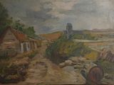une peinture à l'huile représentant une route de campagne avec une église au loin