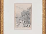 a drawing of a landscape with trees and a road in the foreground
