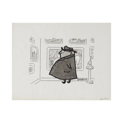 a drawing of a man in a suit and tie standing in front of a door