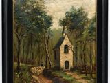 an oil painting of a church in a wooded area