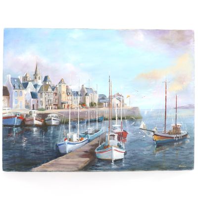 tableau représentant une scène portuaire avec des bateaux amarrés à un quai