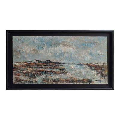 a painting of a beach scene with a lighthouse in the distance