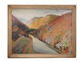 an oil painting of a river running through a valley with mountains in the background