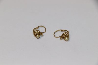 une paire de boucles d'oreilles en or sur une surface blanche