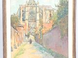 an oil painting of a street scene with a church in the background