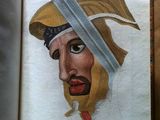 an open book with a drawing of a man wearing a turban on top of it