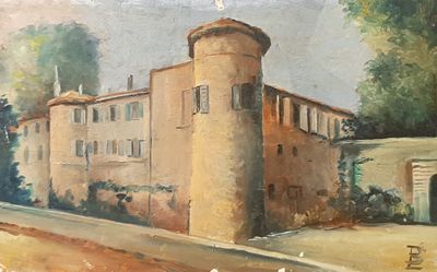 a painting of a building on the side of a road