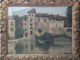 painting of a building with a boat in front of a body of water