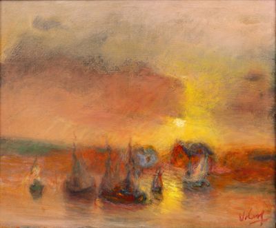 a painting of a painting of boats in a body of water