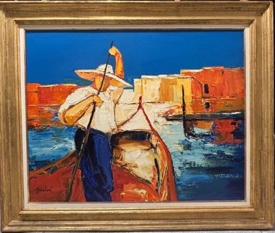 une peinture représentant un homme sur un bateau dans l'eau