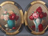 painting of two oval frames with flowers in a vase on a table