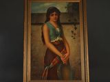 painting of a woman in a blue and brown dress holding a tennis racquet