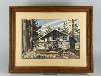 painting of a cabin in the woods with a bench in front of it