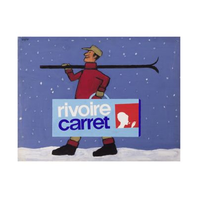 tableau représentant un homme tenant un bâton de ski et une pancarte sur laquelle on peut lire « Rivoine Carpet »
