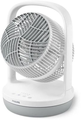 un gros plan d'un ventilateur blanc posé sur un support, sur une surface blanche
