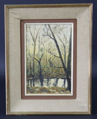 an oil painting of a forest scene with trees and water