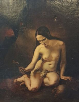 tableau représentant une femme nue assise par terre avec un oiseau