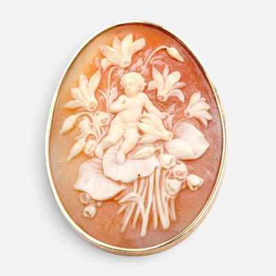 a picture of a picture of a woman and flowers in a broochle