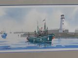 a painting of a boat in the water with a lighthouse in the background