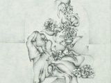 dessin au crayon représentant une femme assise sur une chaise avec un bouquet de fleurs