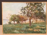 an oil painting of trees in a field with a lake in the background