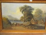 une image représentant un tableau illustrant une scène de village avec des chevaux et des personnages