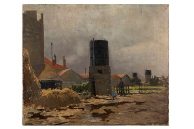 une image représentant un tableau représentant une ferme avec un silo en arrière-plan
