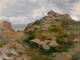 an image of a painting of a rocky landscape with a mountain in the background