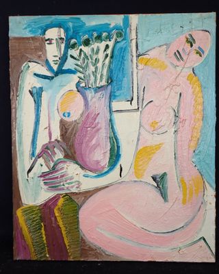 un tableau représentant une femme assise à côté d'un vase de fleurs