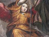 painting of a woman holding a child in her right hand and a man in the other