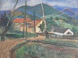 an image of a painting of a country road with houses in the distance