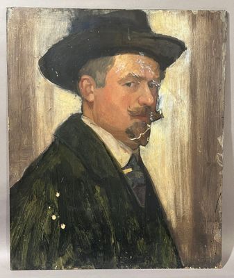portrait d'un homme avec une pipe à la bouche et un chapeau sur la tête