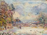an oil painting of a snowy landscape with trees in the foreground
