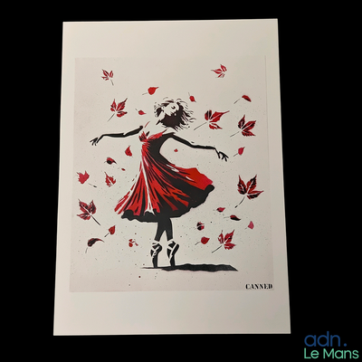 un dessin représentant une femme en robe rouge, entourée de feuilles rouges qui virevoltent autour d'elle