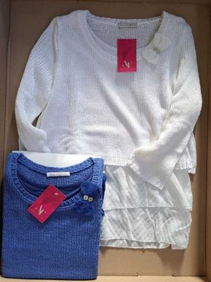 un pull blanc et une chemise bleue dans une boîte