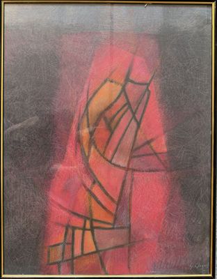 painting of a woman in a red dress with a black frame