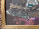 a painting of a book and a vase of flowers on a table