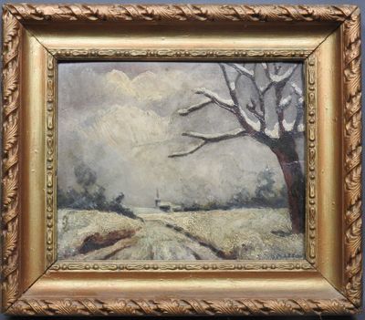 une peinture à l'huile représentant un arbre dans un champ, avec une maison au loin