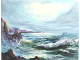 une peinture à l'huile représentant un voilier en mer par temps nuageux