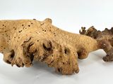 a wooden fish that is sitting on a white surface